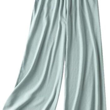 Women Elastic Waist Solid Silk Trousers Pockets Off Casual Loose Wide Leg Pants